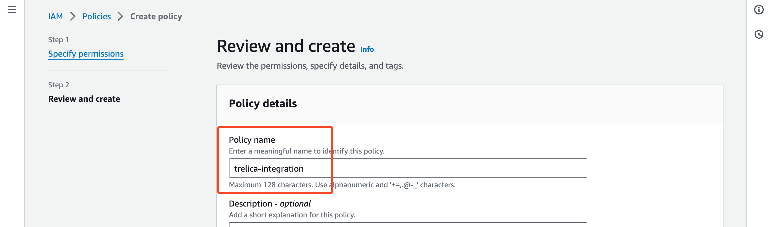 AWS IAM policy review page with the policy name field