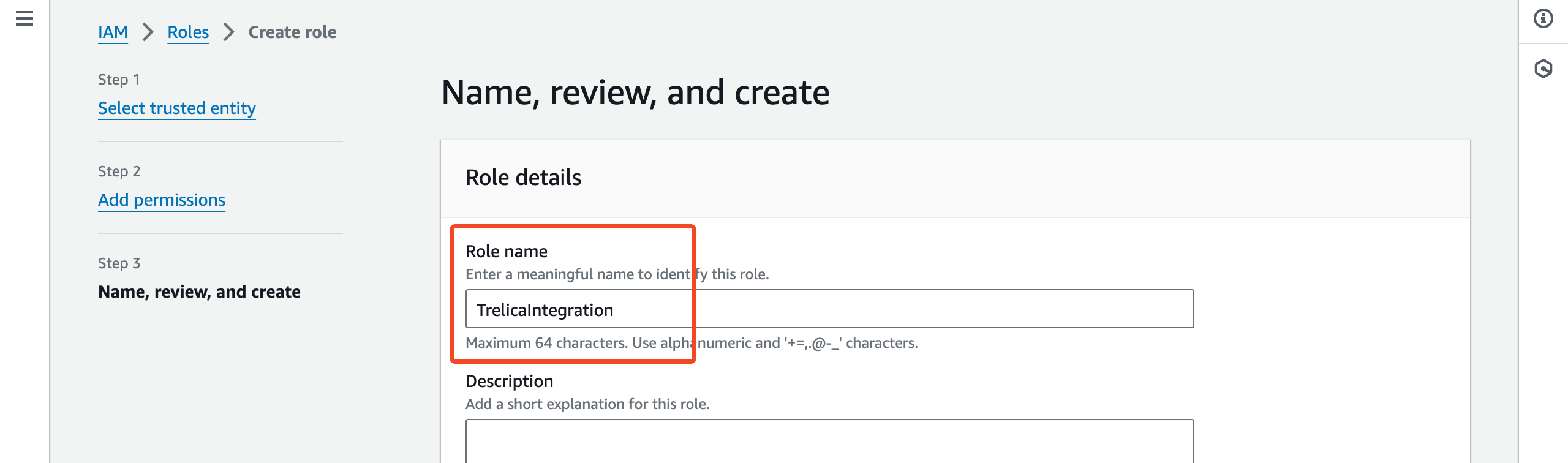 AWS IAM role name page with TrelicaIntegration entered