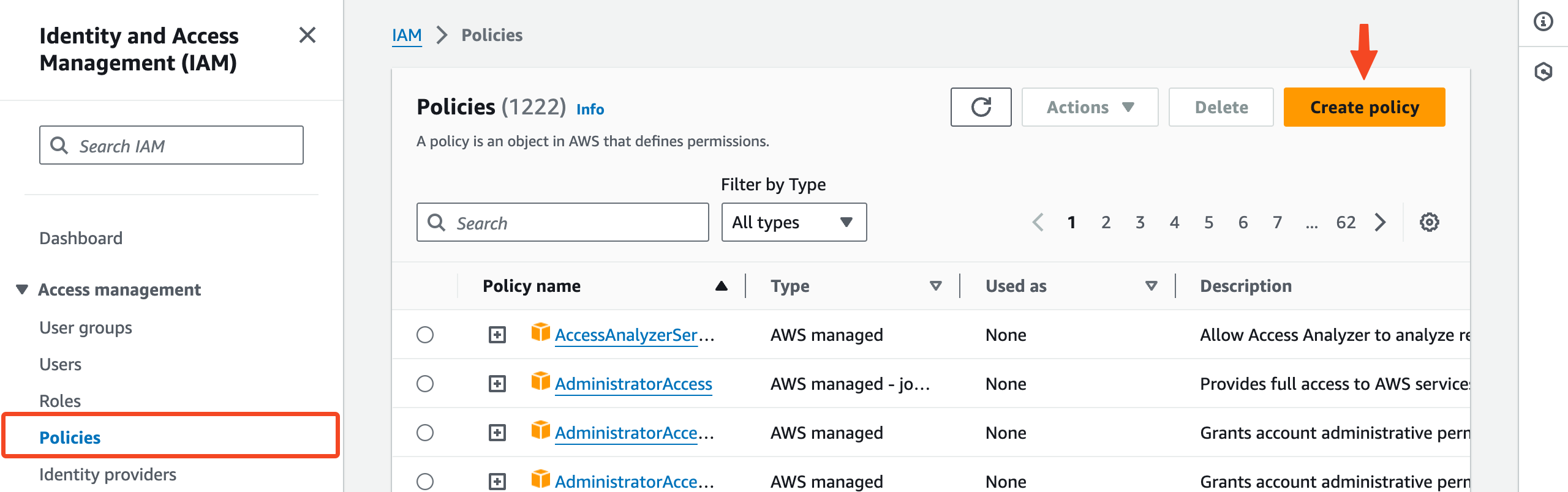 AWS IAM Policies page with Create policy selected