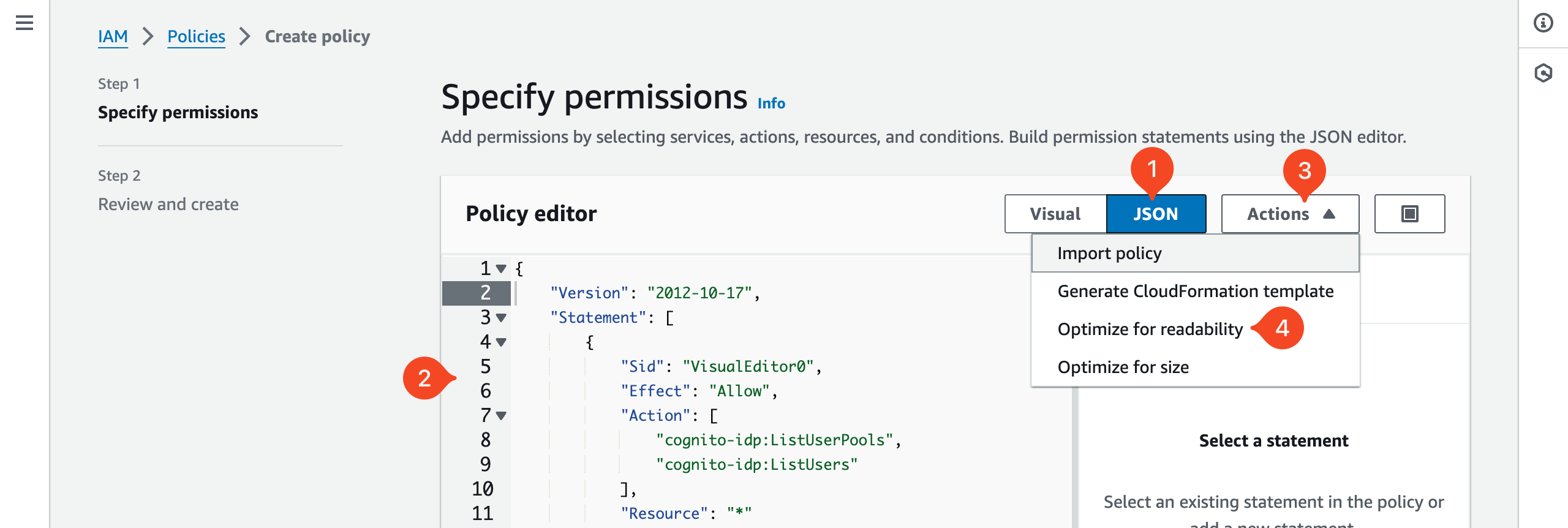 AWS IAM policy JSON editor with Optimize for readability selected