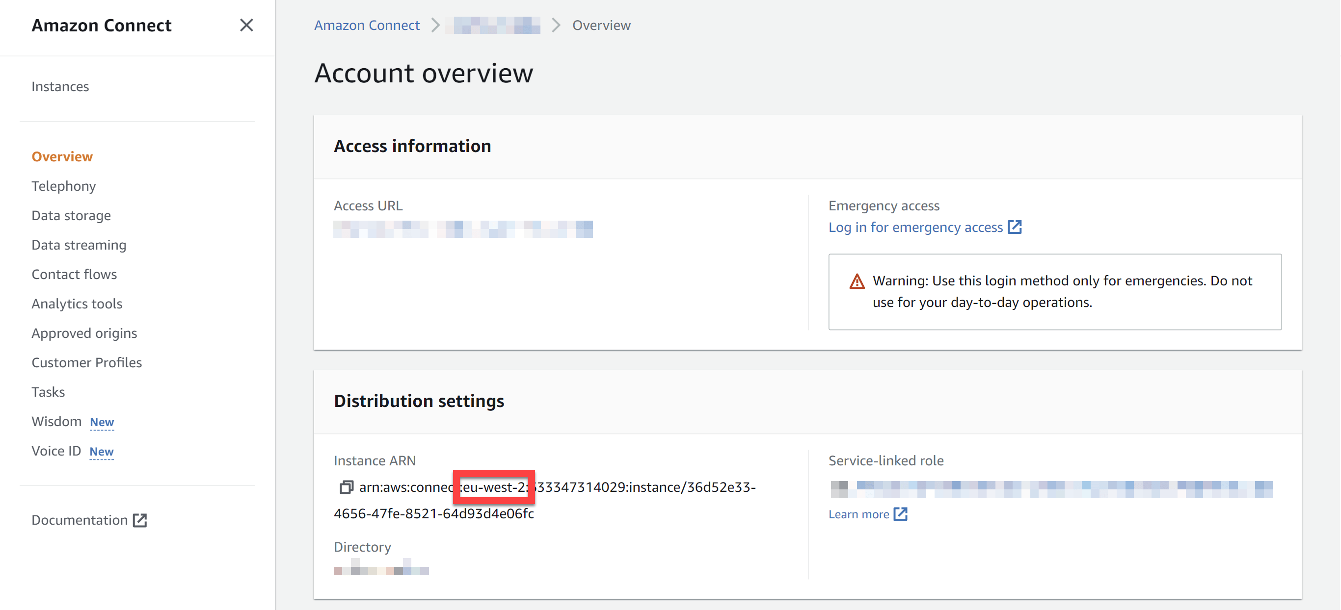 AWS Amazon Connect instance details showing the Instance ARN region
