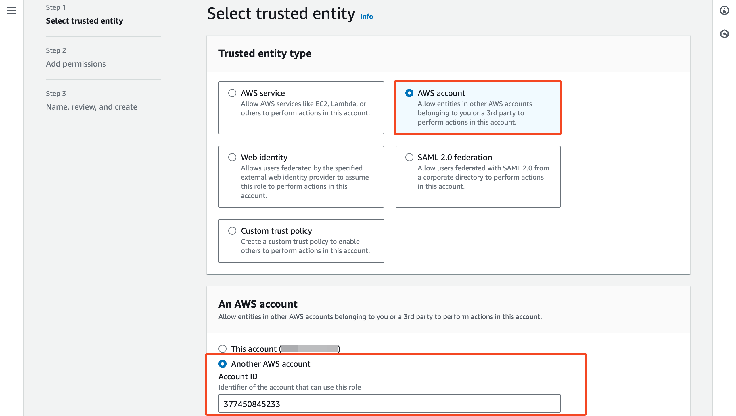 AWS IAM role trusted entity type with Another AWS account selected