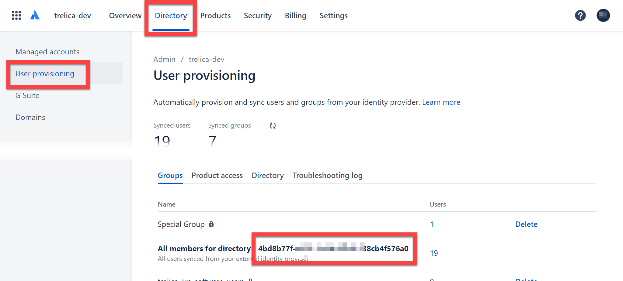 Atlassian Directory User provisioning Groups tab showing the directory ID