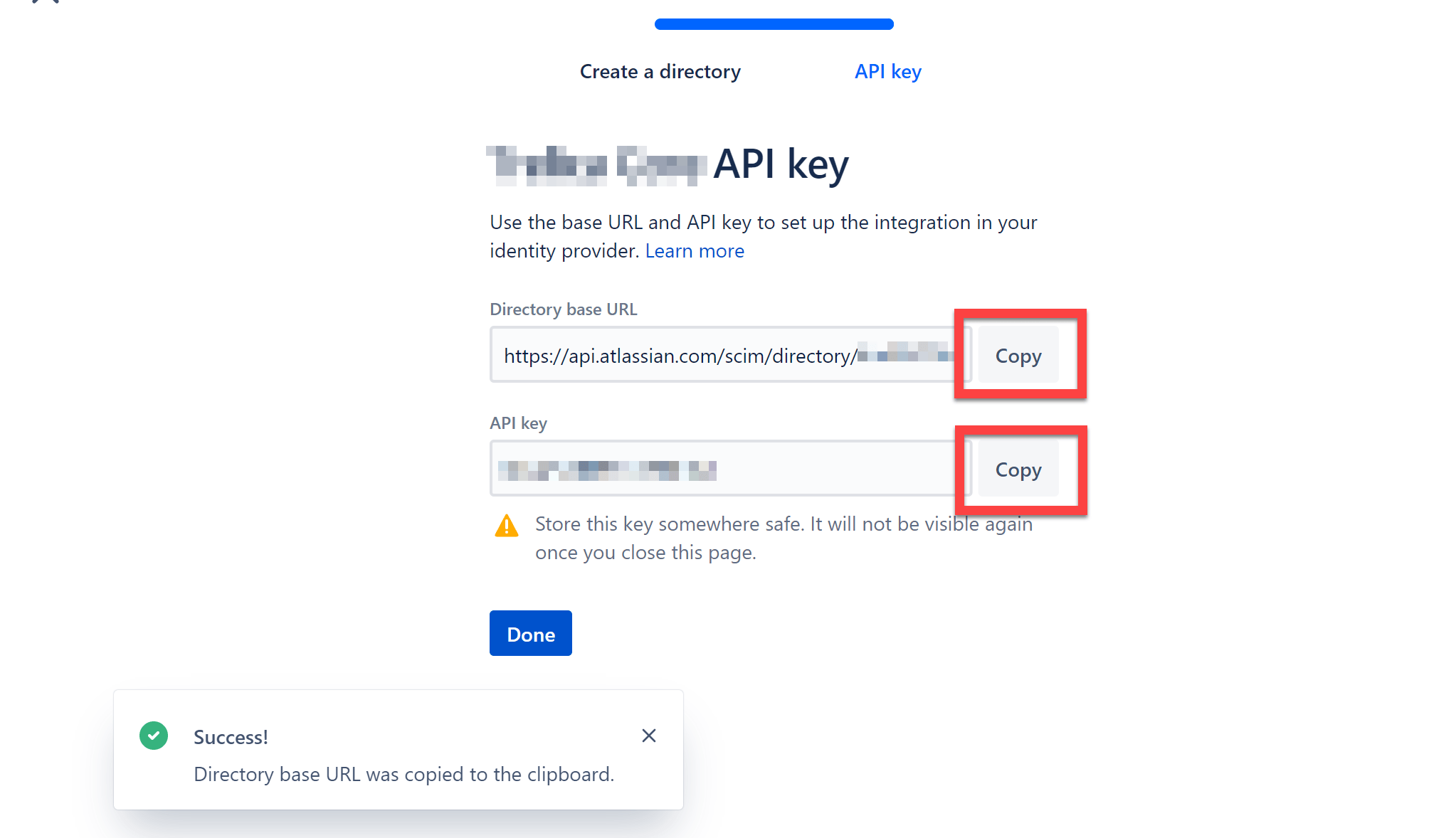 Atlassian directory creation details showing SCIM credentials