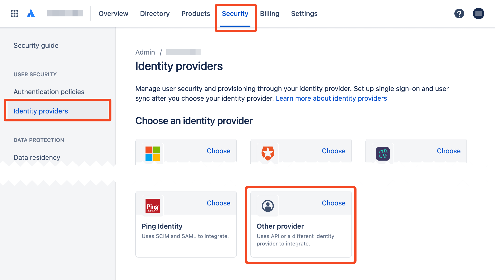 Atlassian directory provider options with Other provider selected