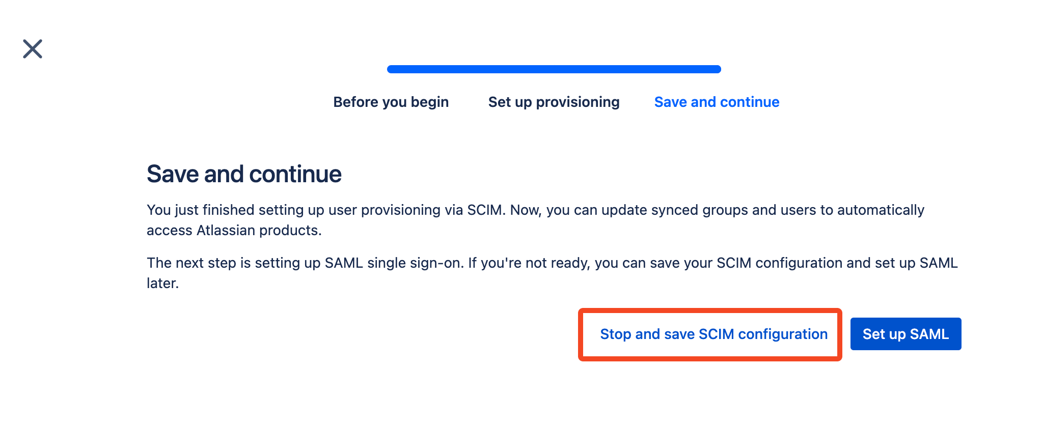 Atlassian SCIM setup with Stop and save SCIM configuration selected