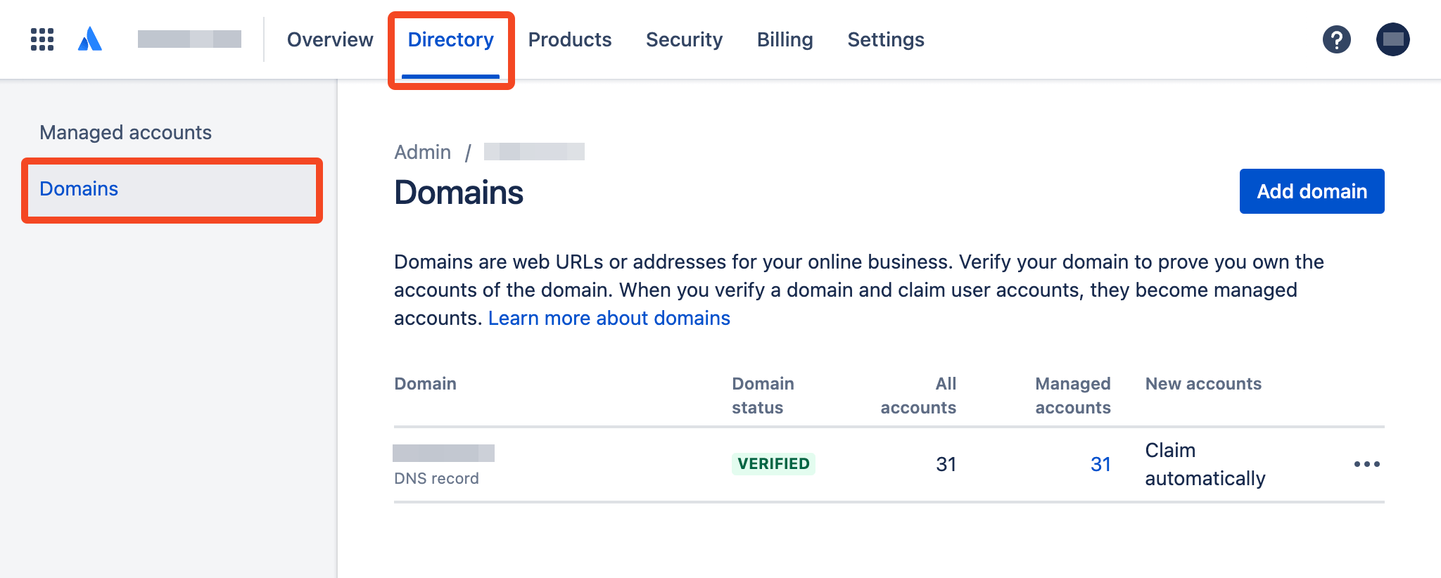 Atlassian Administration Directory menu with Domains selected