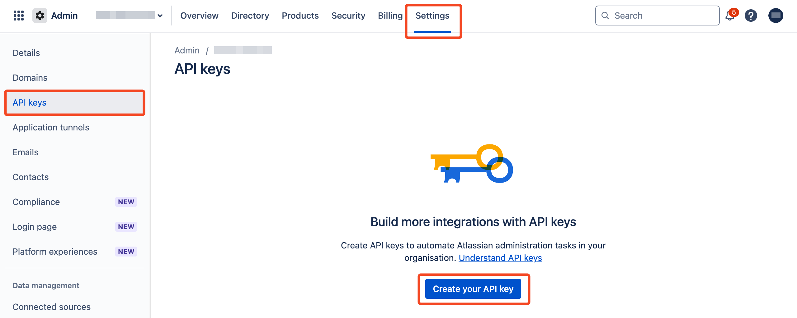 Atlassian Administration Settings menu with API Keys selected