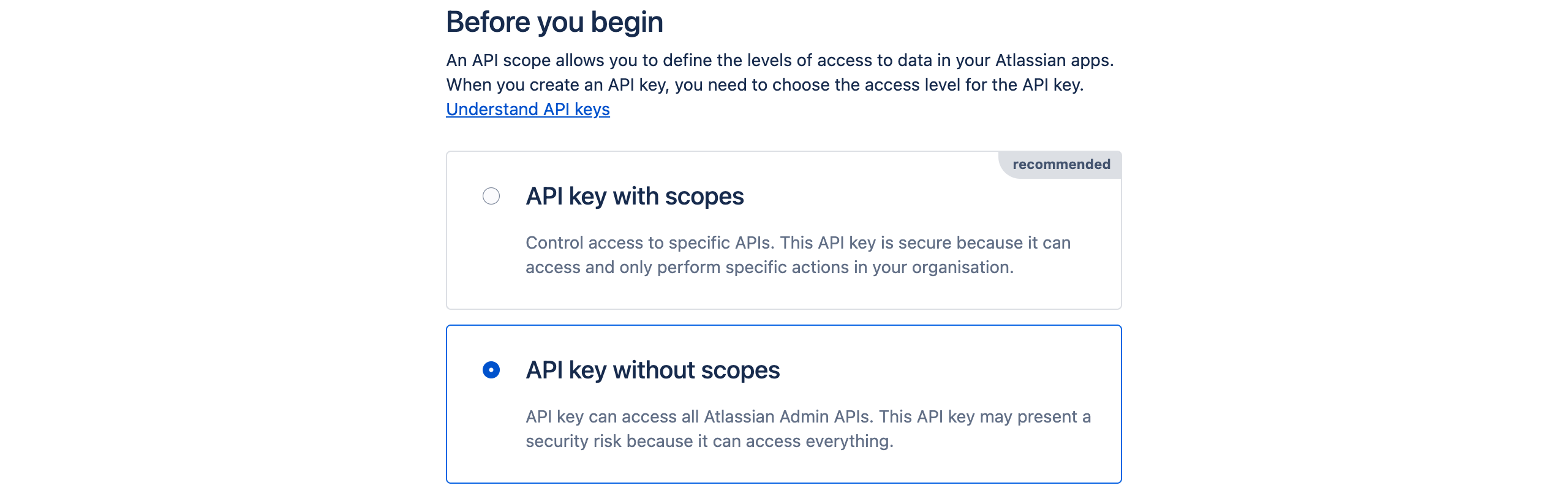 Atlassian API Keys page with Create API key without scopes selected