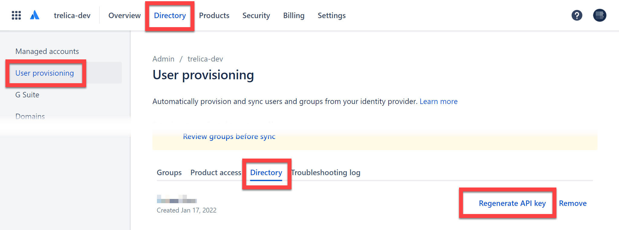 Atlassian Directory User provisioning Directory tab with Regenerate API key selected