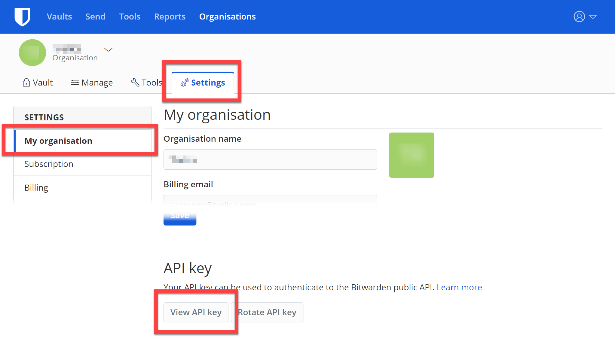 Bitwarden organization settings with API key access