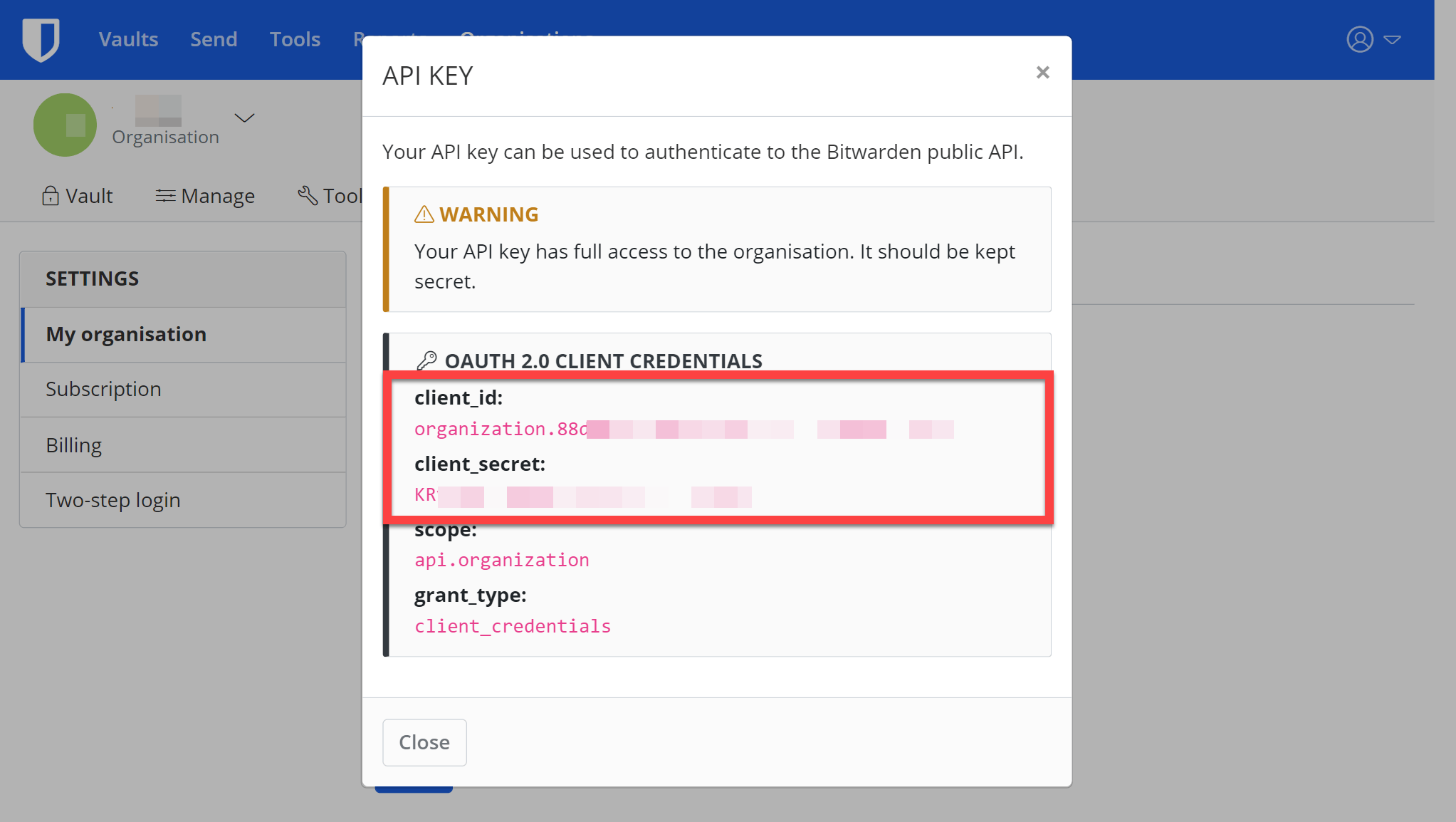 Bitwarden API key credentials
