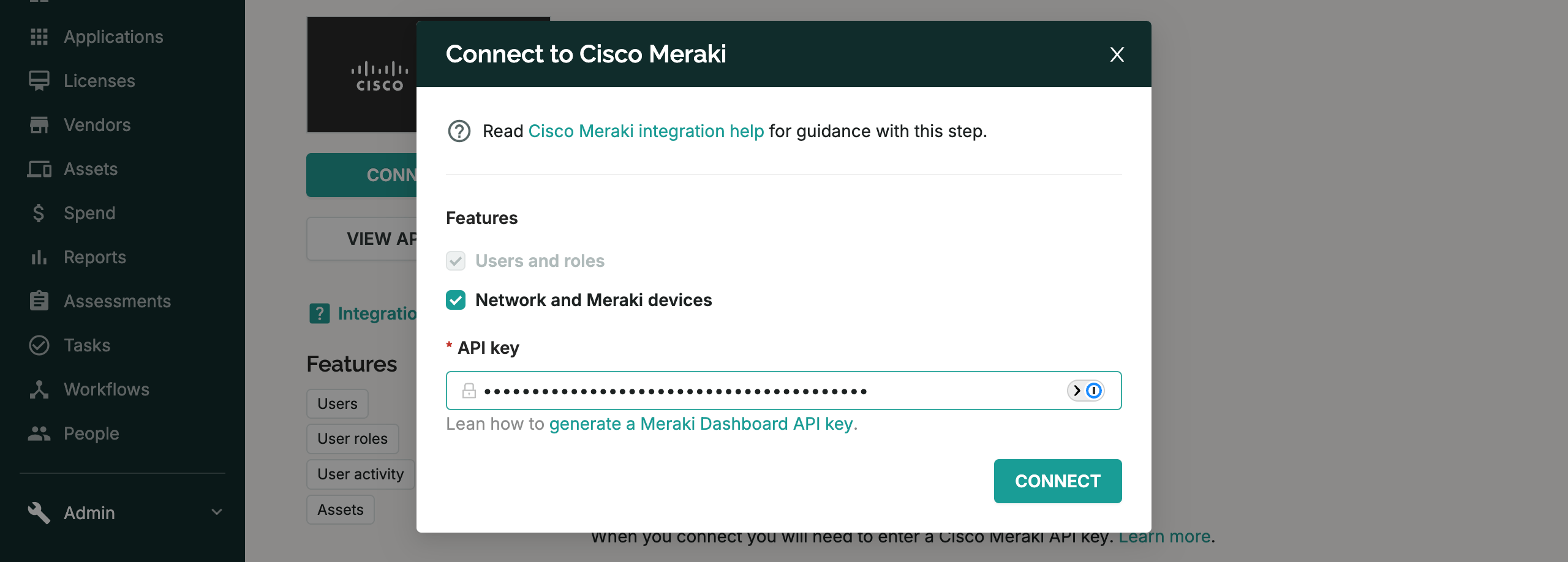 SaaS Manager Cisco Meraki connection dialog with the API key field