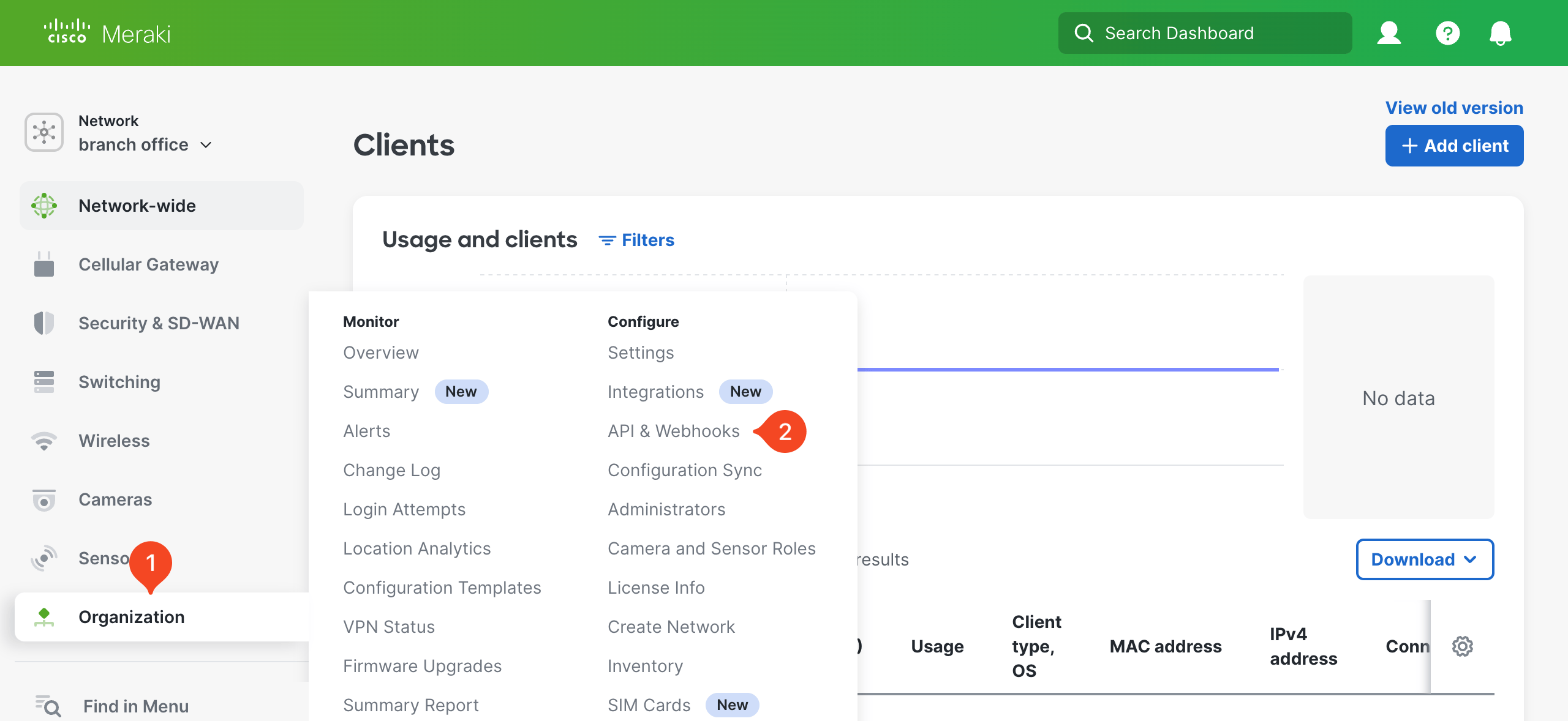Cisco Meraki Organization menu with API and Webhooks selected