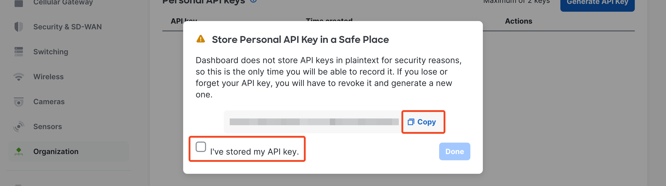 Cisco Meraki dialog showing the generated API key
