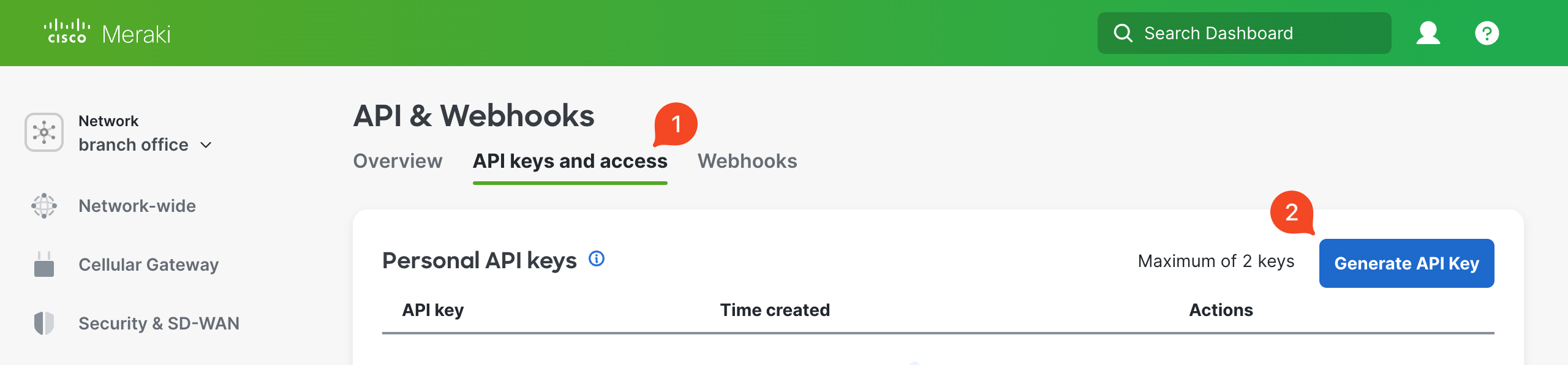 Cisco Meraki API keys and access page with Generate API Key selected