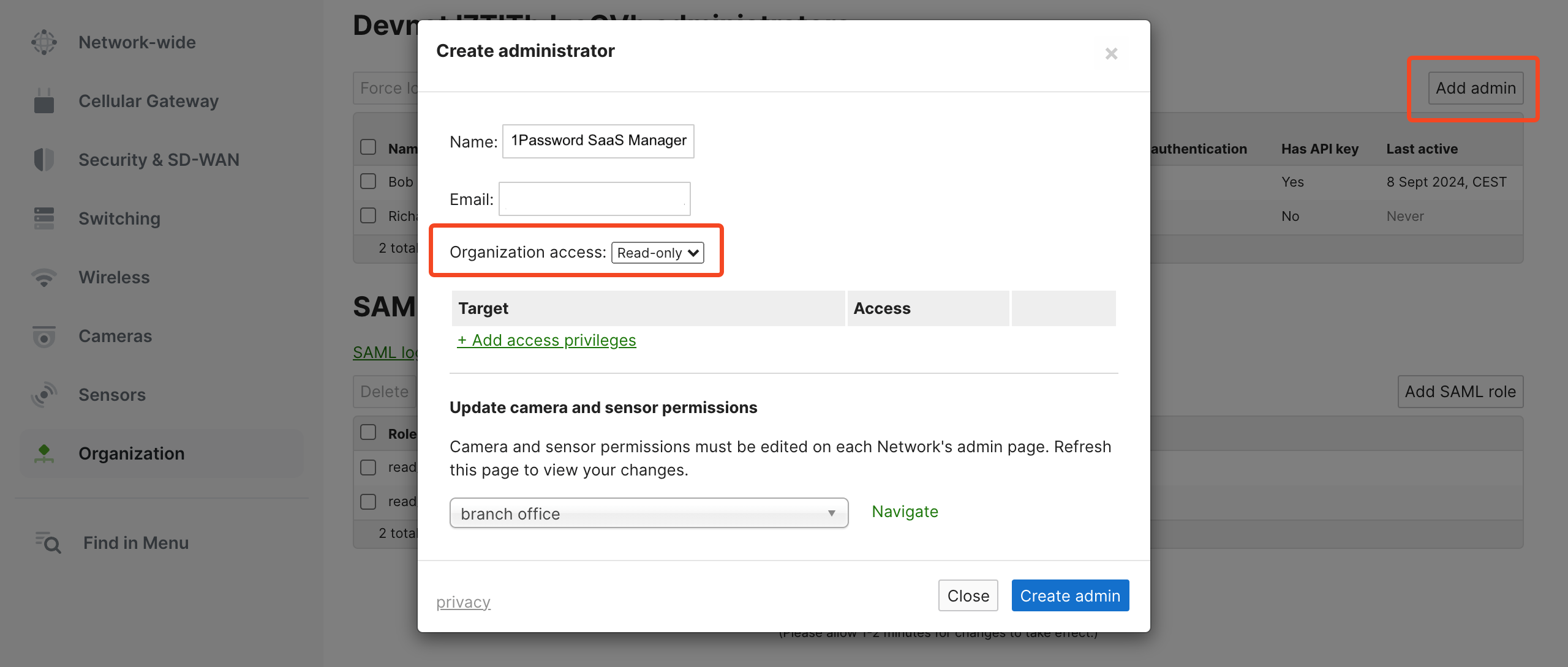 Cisco Meraki administrator form for a read-only user