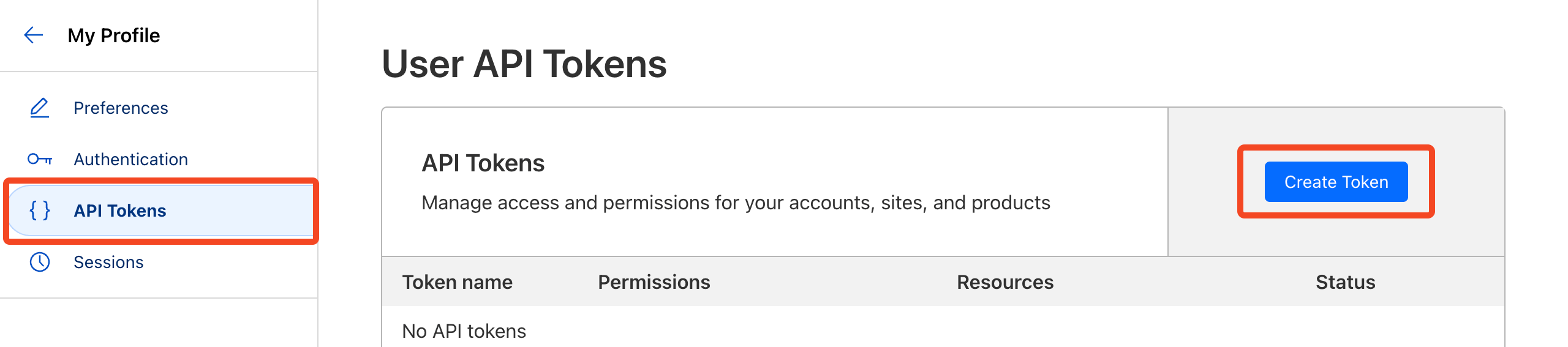 Cloudflare API Tokens page with Create Token selected