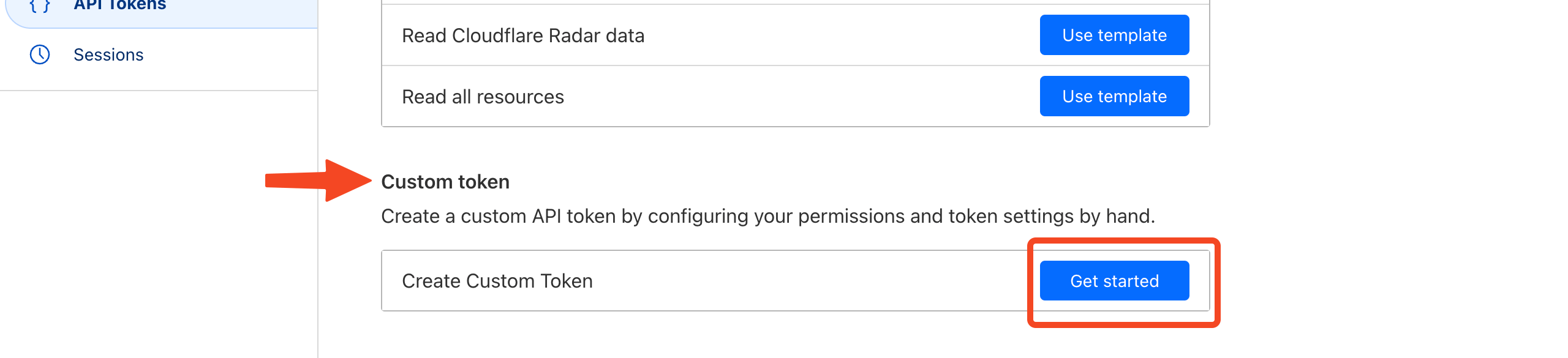 Cloudflare Create API Token page with Custom token Get started selected