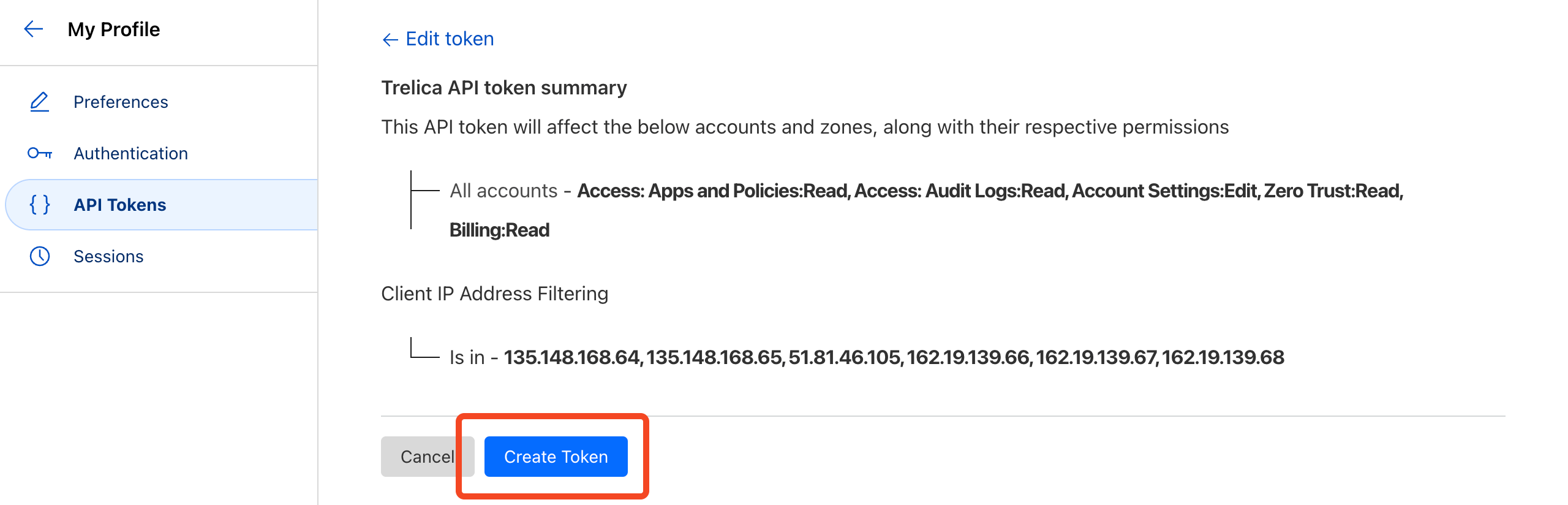 Cloudflare custom API token summary