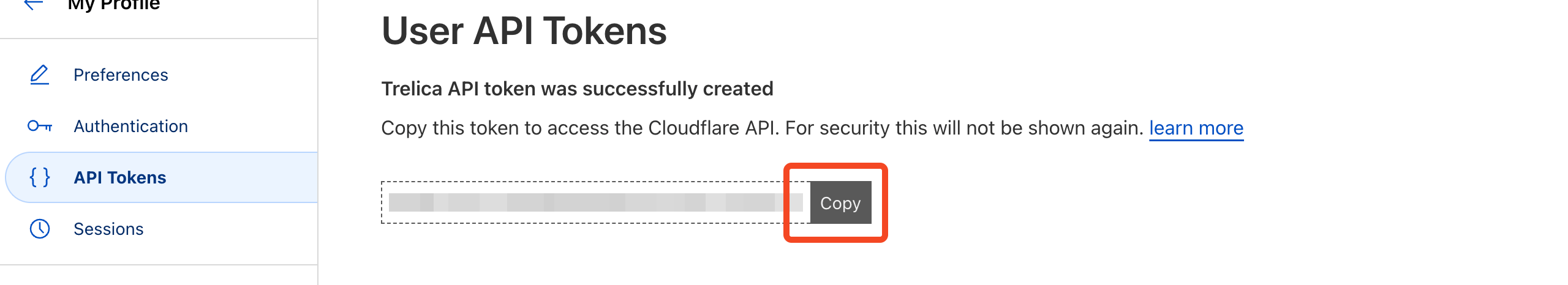 Cloudflare dialog showing the generated API token