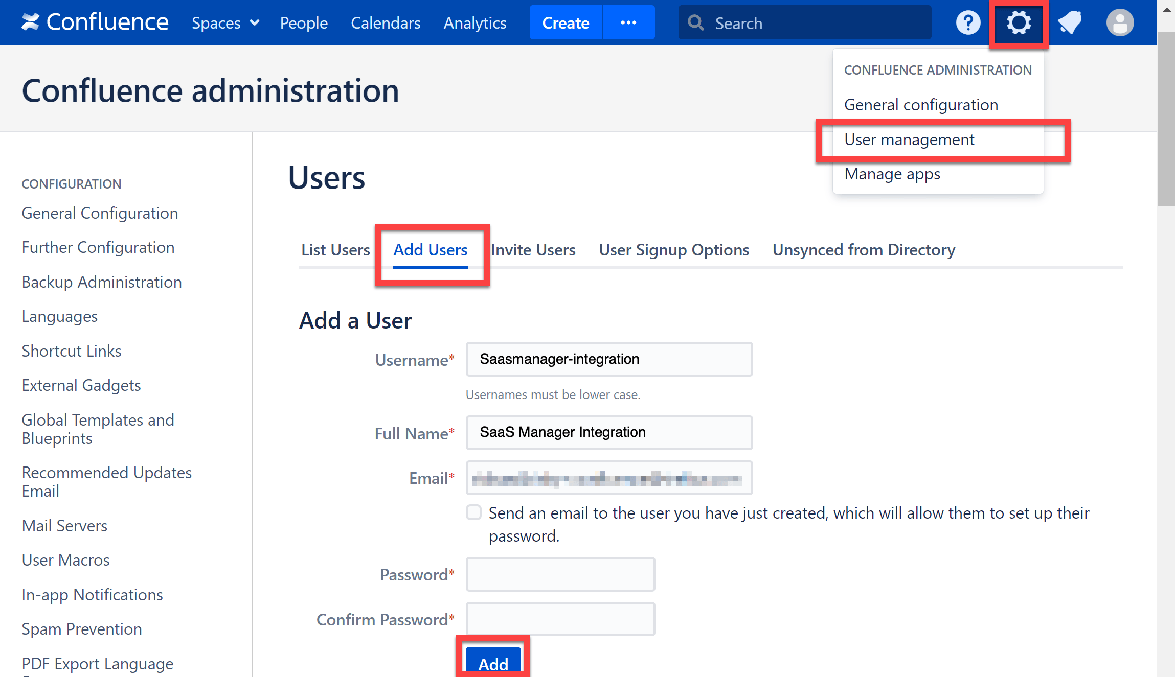 Confluence user creation form with Add selected