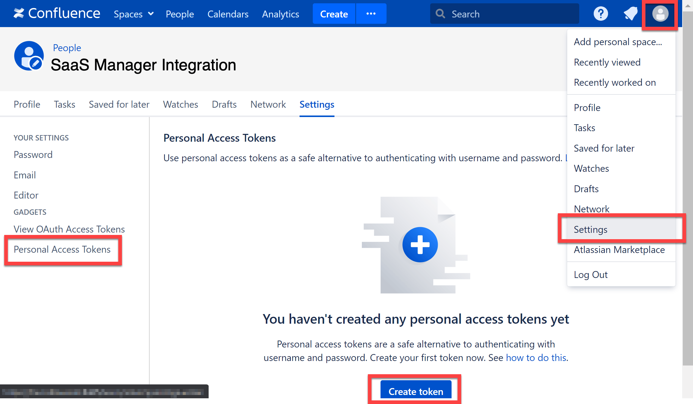 Confluence Personal Access Tokens page with Create token selected