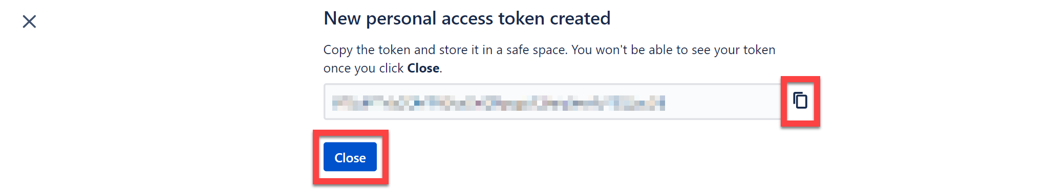 Confluence dialog showing the generated personal access token