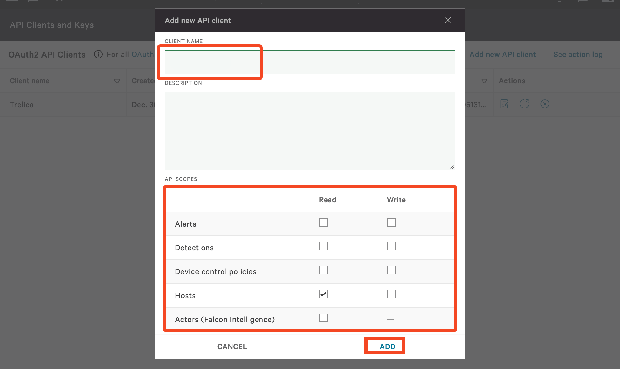CrowdStrike Add new API client dialog with the client name field, API scope permissions, and Add button highlighted