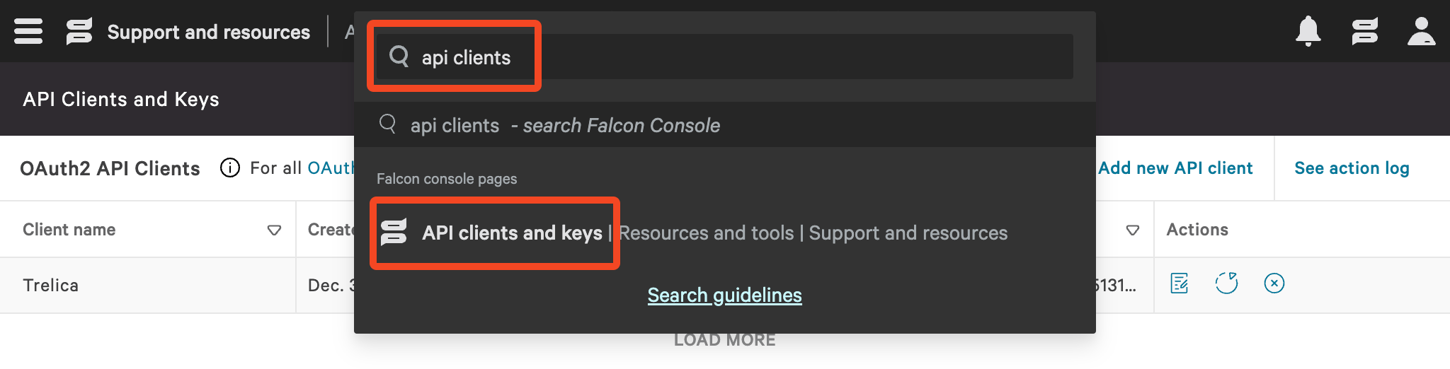 CrowdStrike Falcon search results showing the API clients and keys page