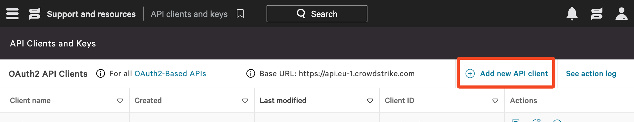 CrowdStrike API Clients and Keys page with Add new API client highlighted