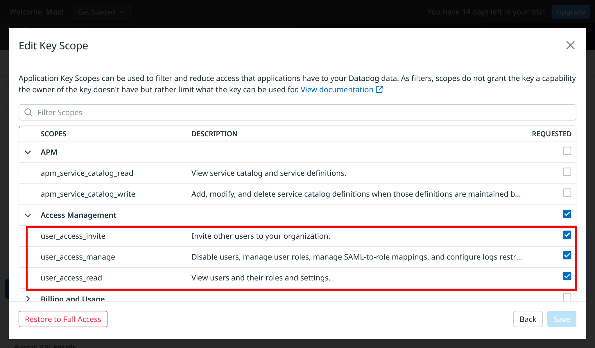 Datadog application key scope selection