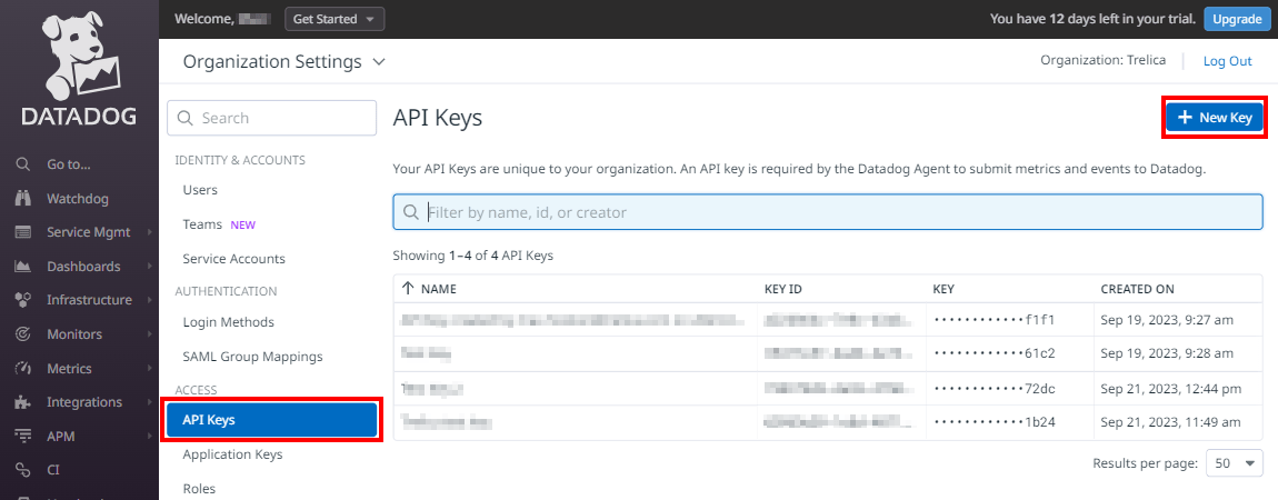 Datadog API Keys page with New Key selected