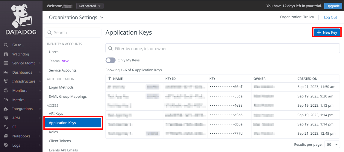Datadog Application Keys page with New Key selected