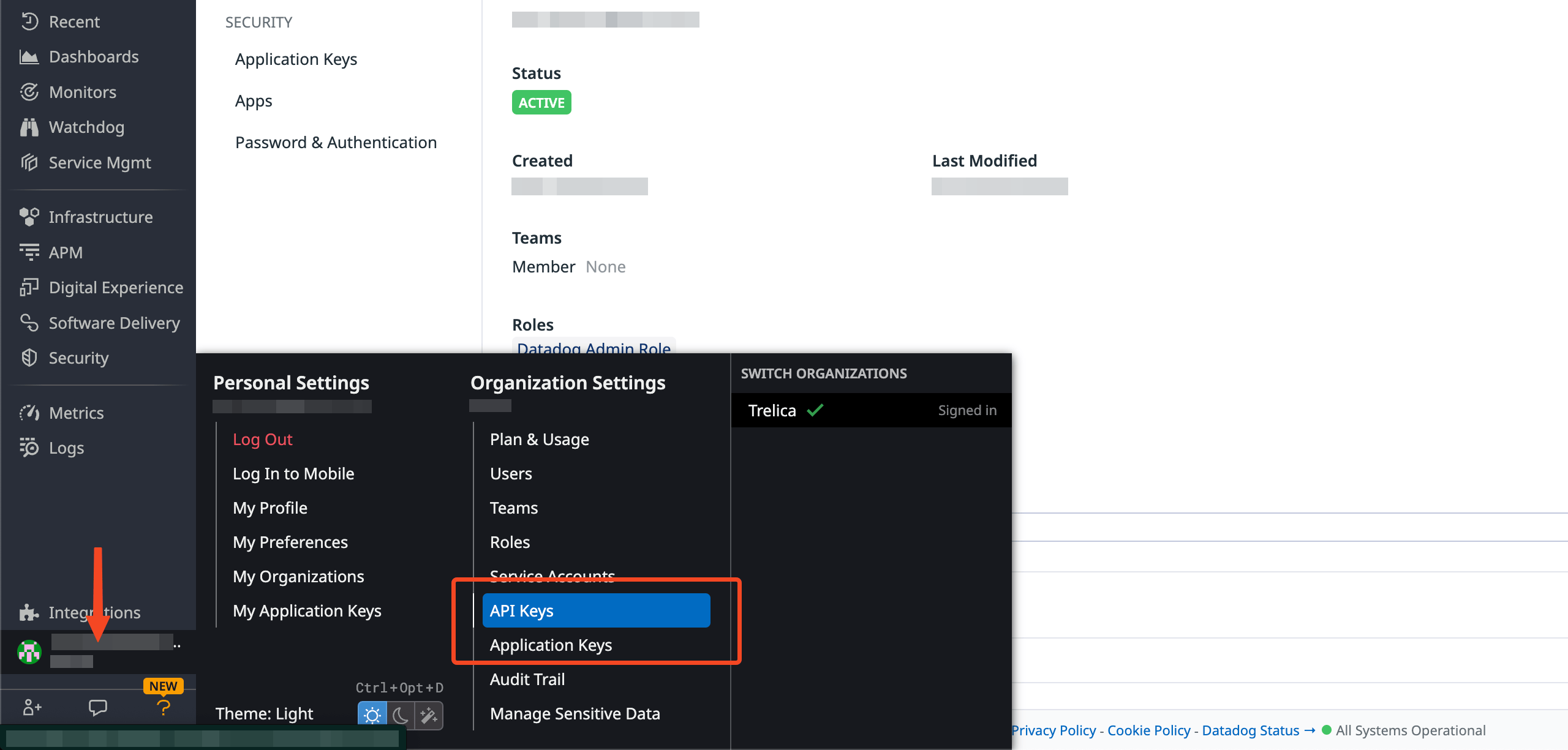 Datadog profile menu with Organization settings API Keys selected