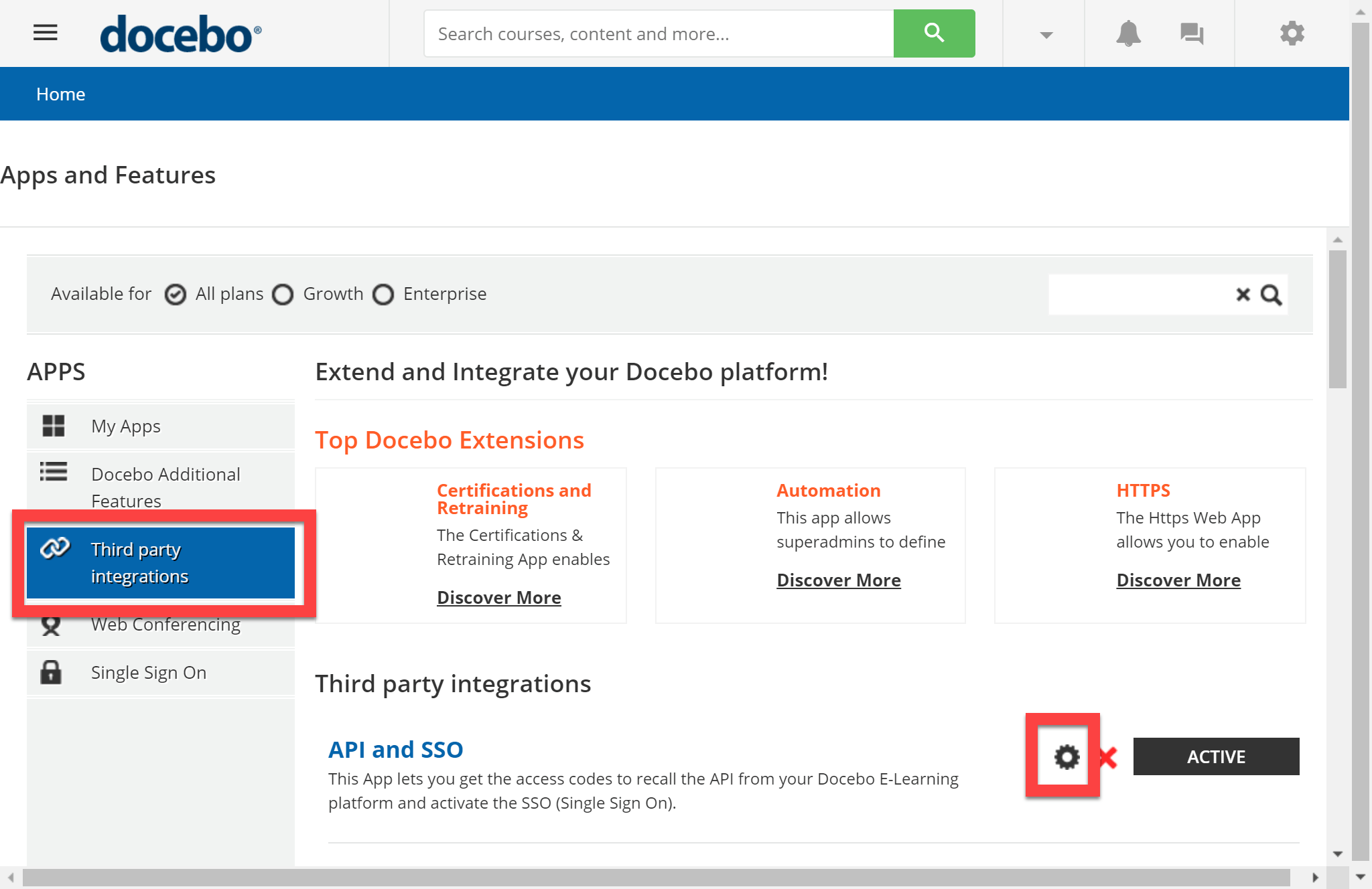 Docebo API and SSO settings
