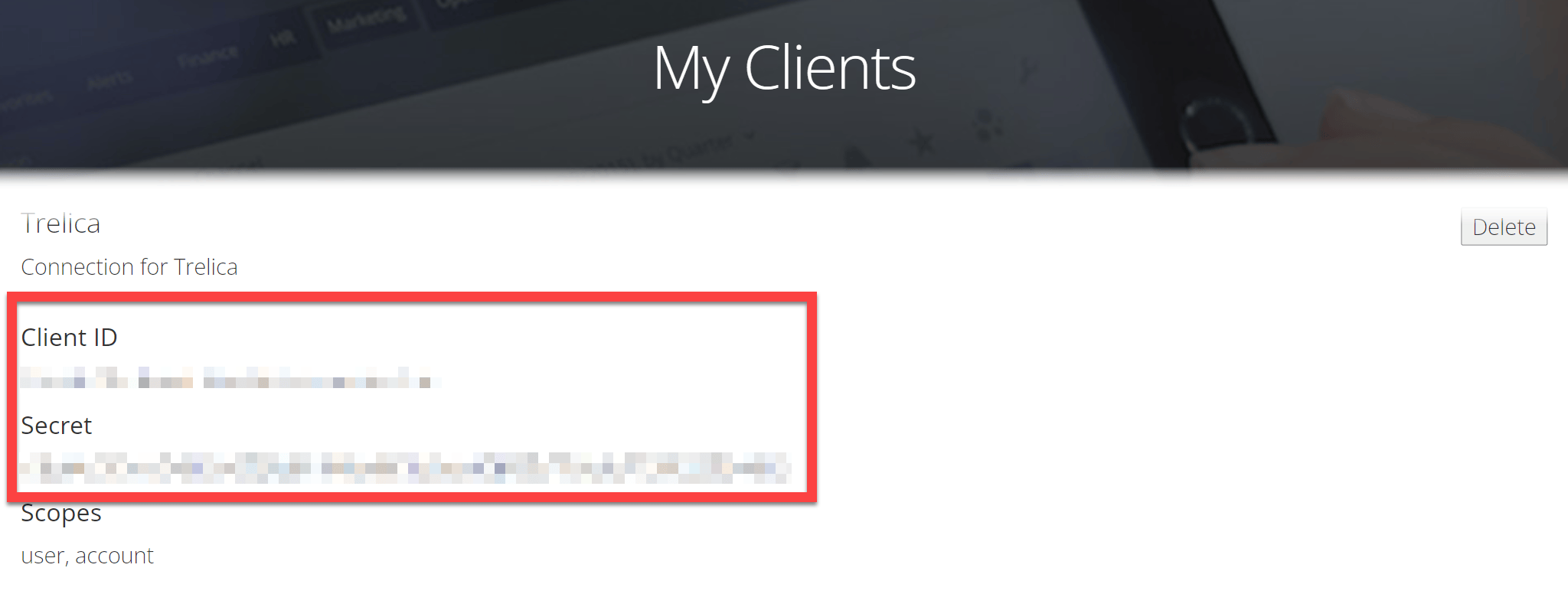 Domo client credentials showing the client ID and secret