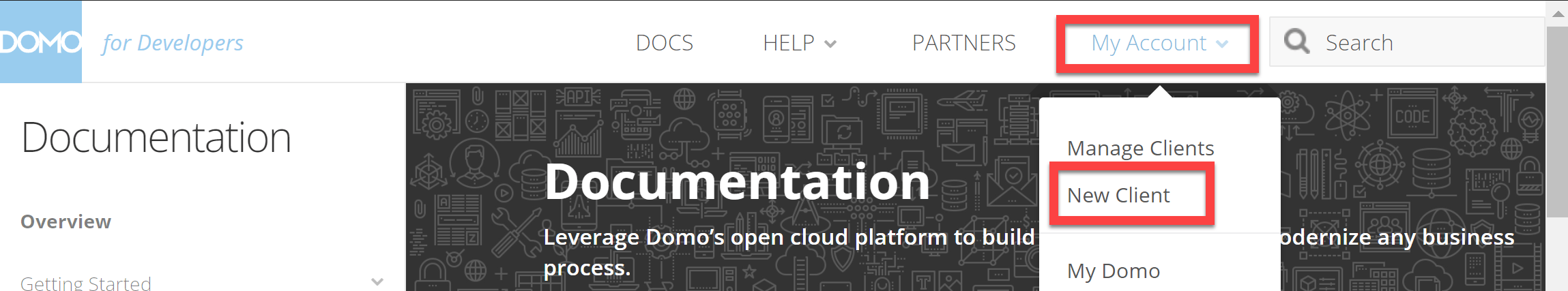 Domo My account menu with New Client selected