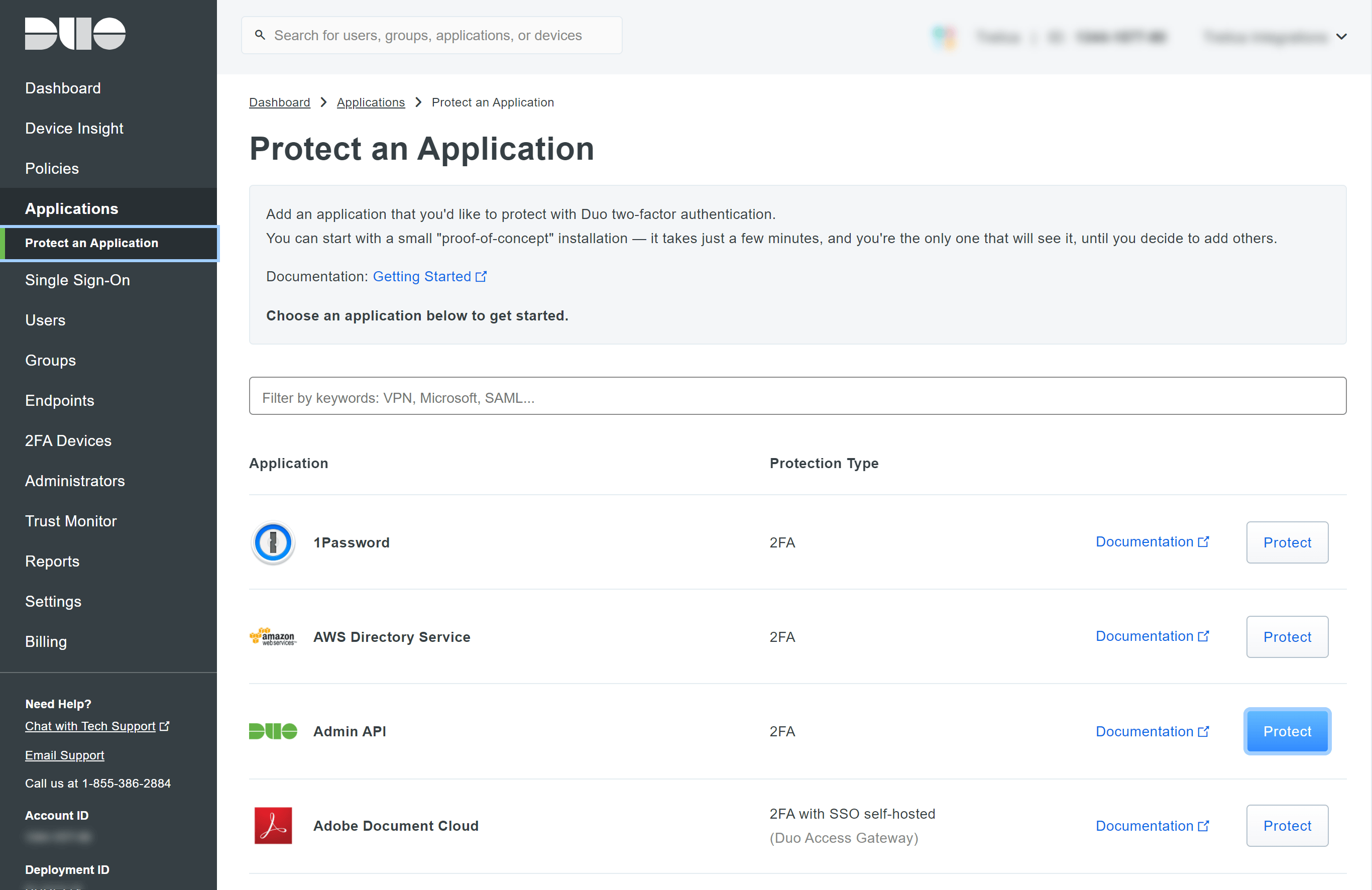 Duo Protect an Application page showing the Duo Admin API application and its Protect button