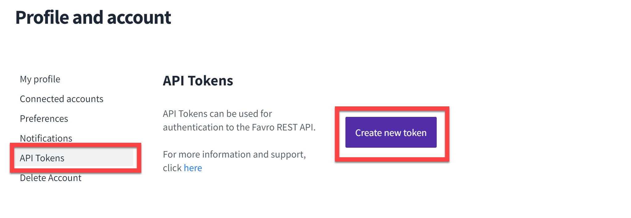 Favro API Tokens page with Create new token selected