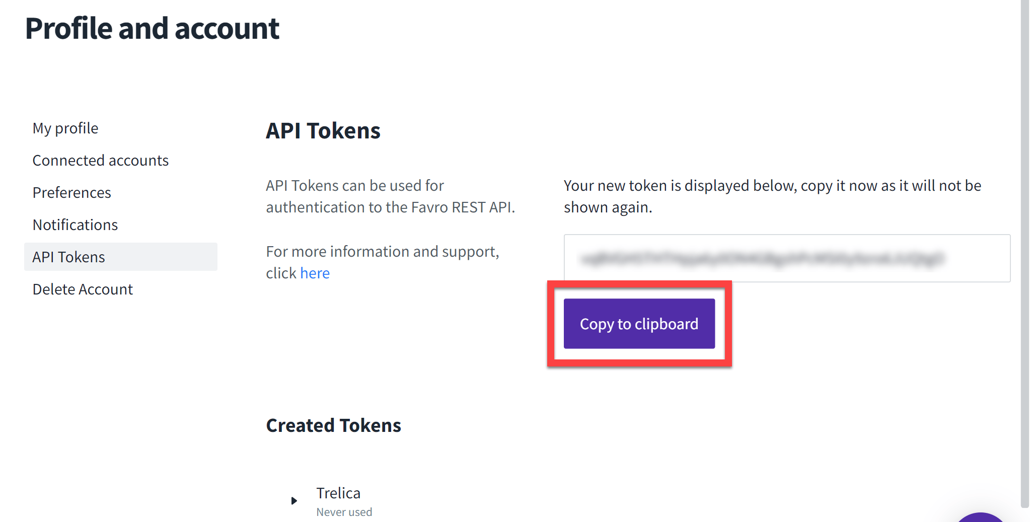 Favro dialog showing the newly created API token