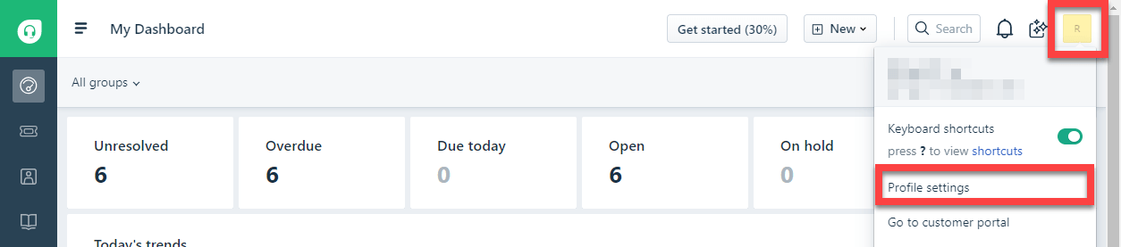 Freshdesk dashboard with the profile menu open and Profile settings highlighted