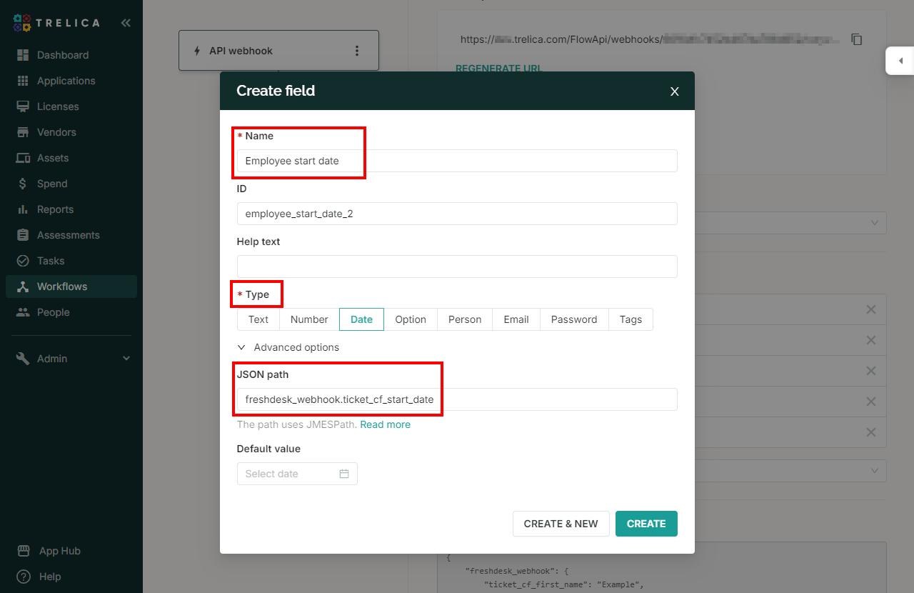 SaaS Manager Create field dialog showing the Name, Type, and JSON path fields for a Freshdesk webhook input