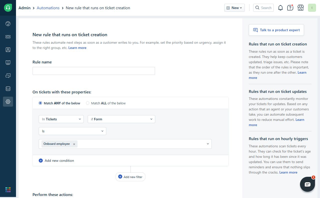 Freshdesk automation rule form configured to run when an Onboard employee ticket is created