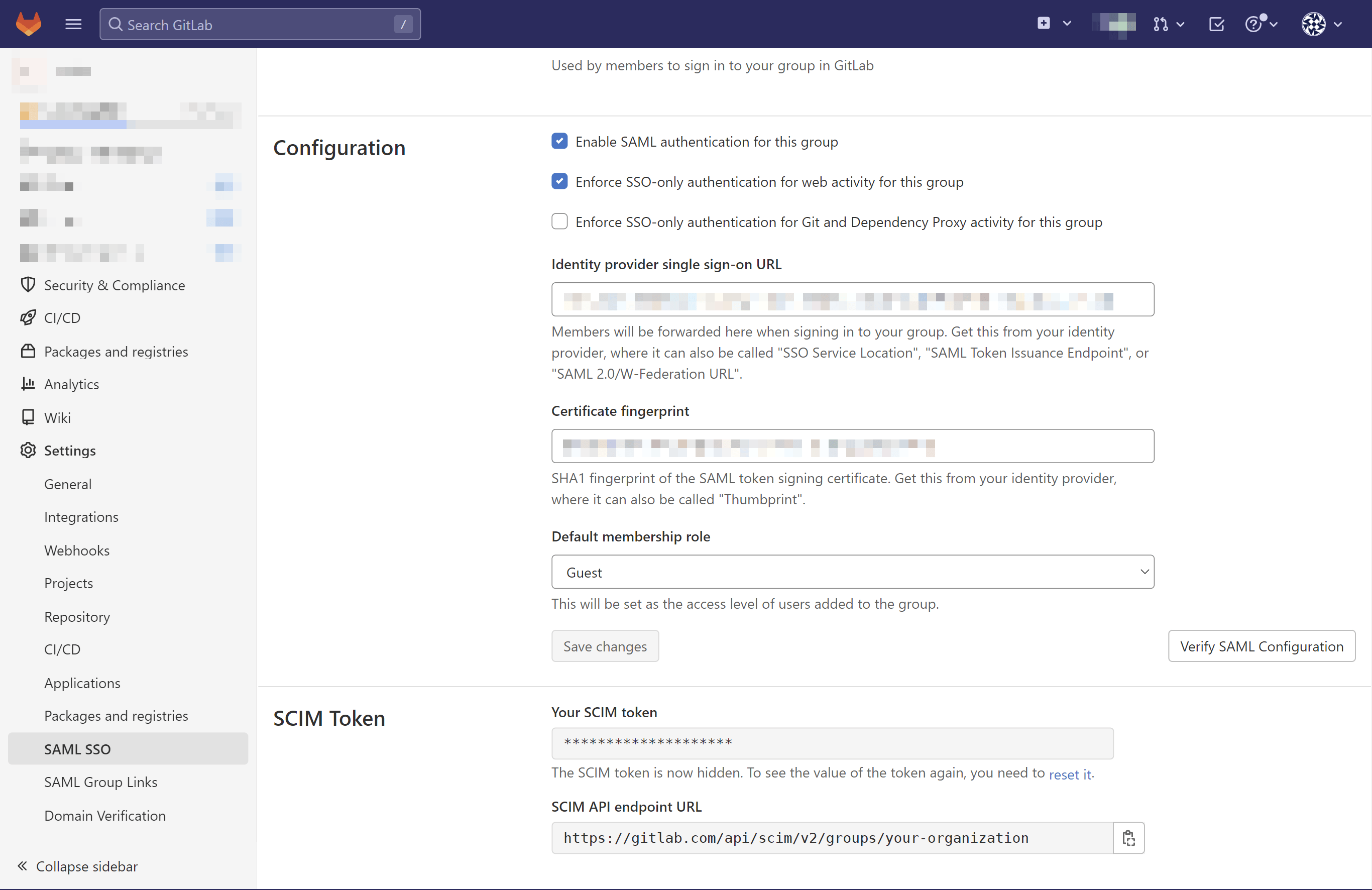 GitLab SAML SSO settings showing SAML authentication options and SCIM token details