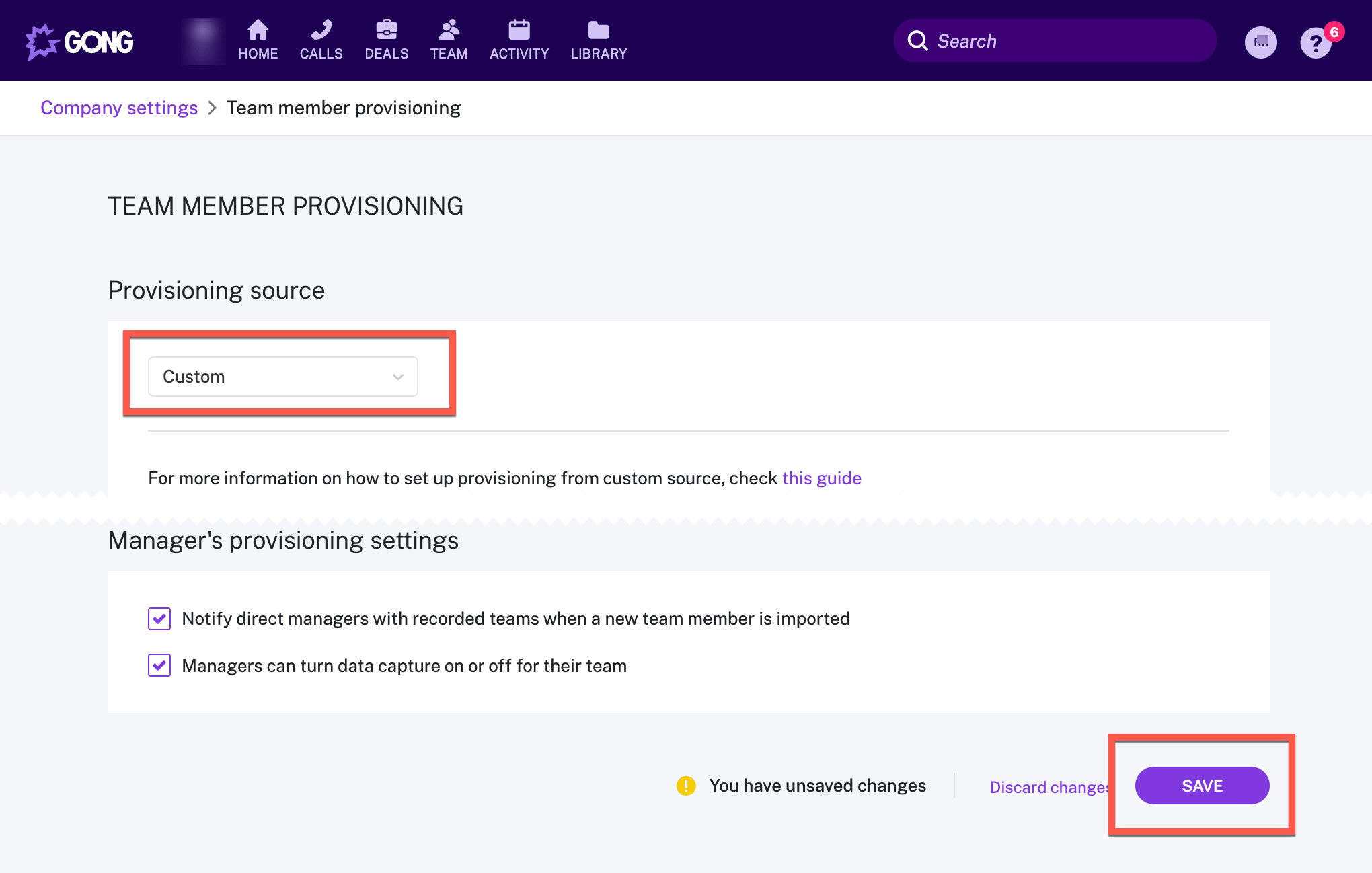 Gong team member provisioning settings