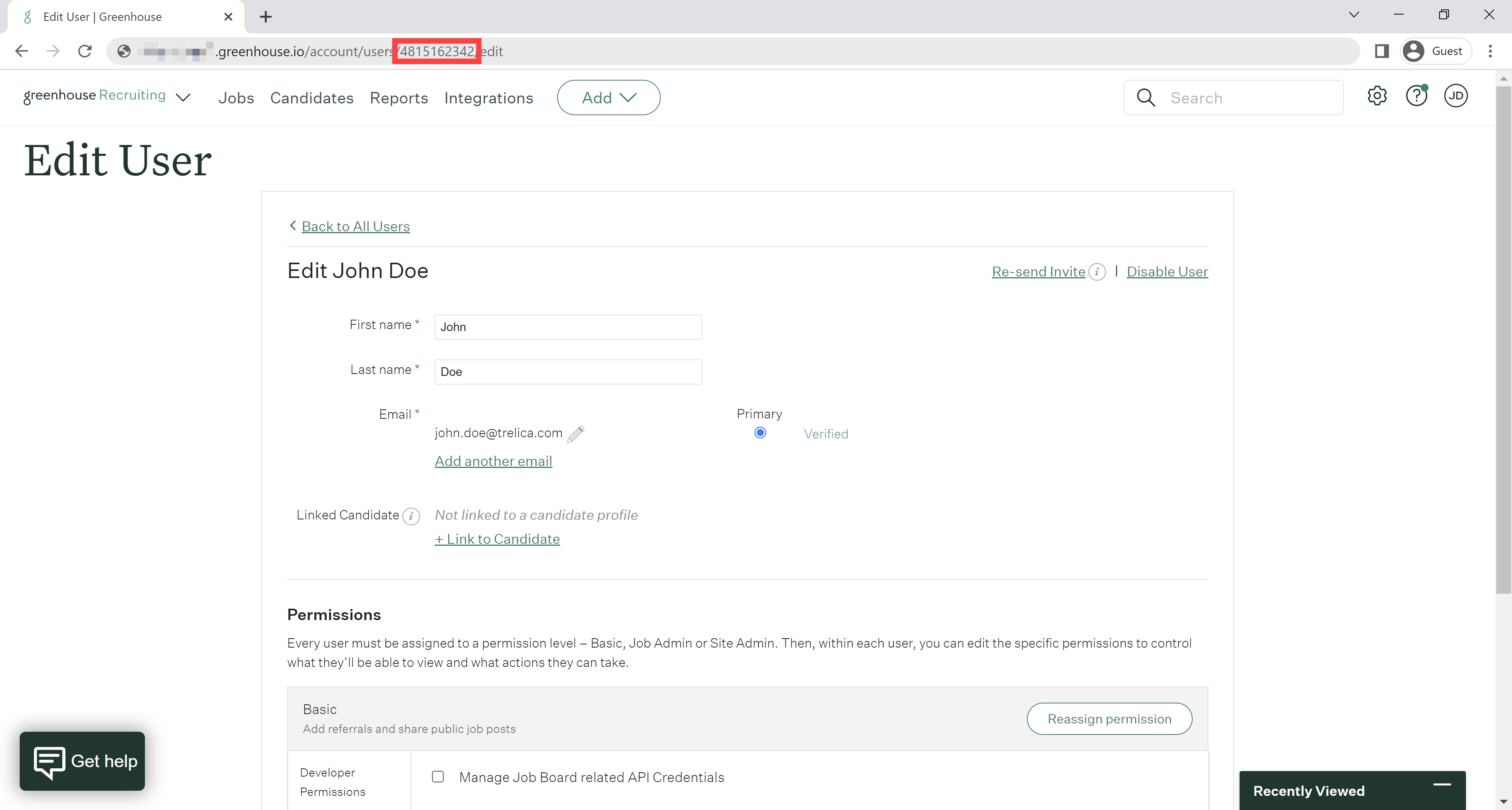 Greenhouse user profile showing the user ID
