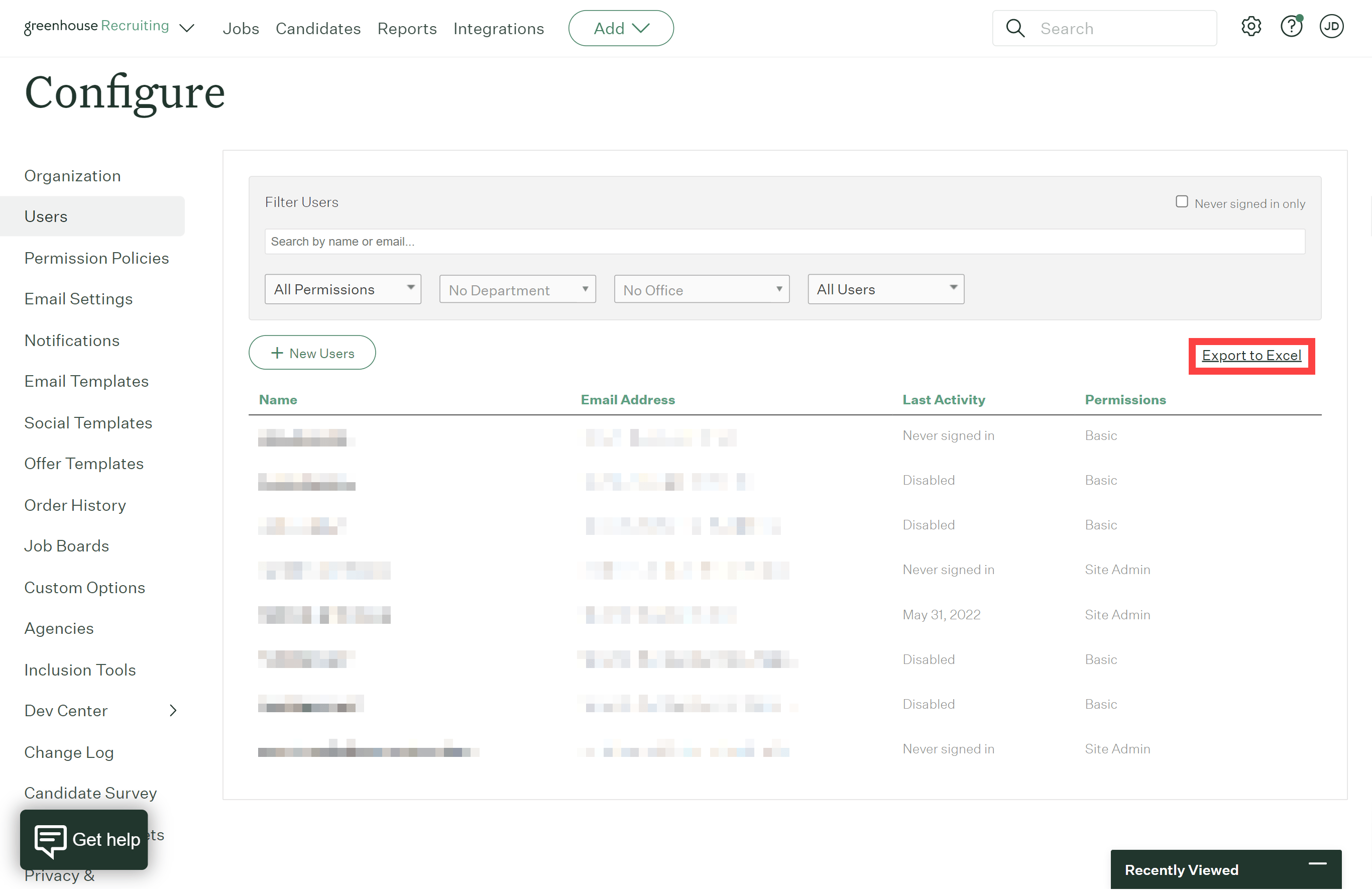 Greenhouse user list with Export users selected