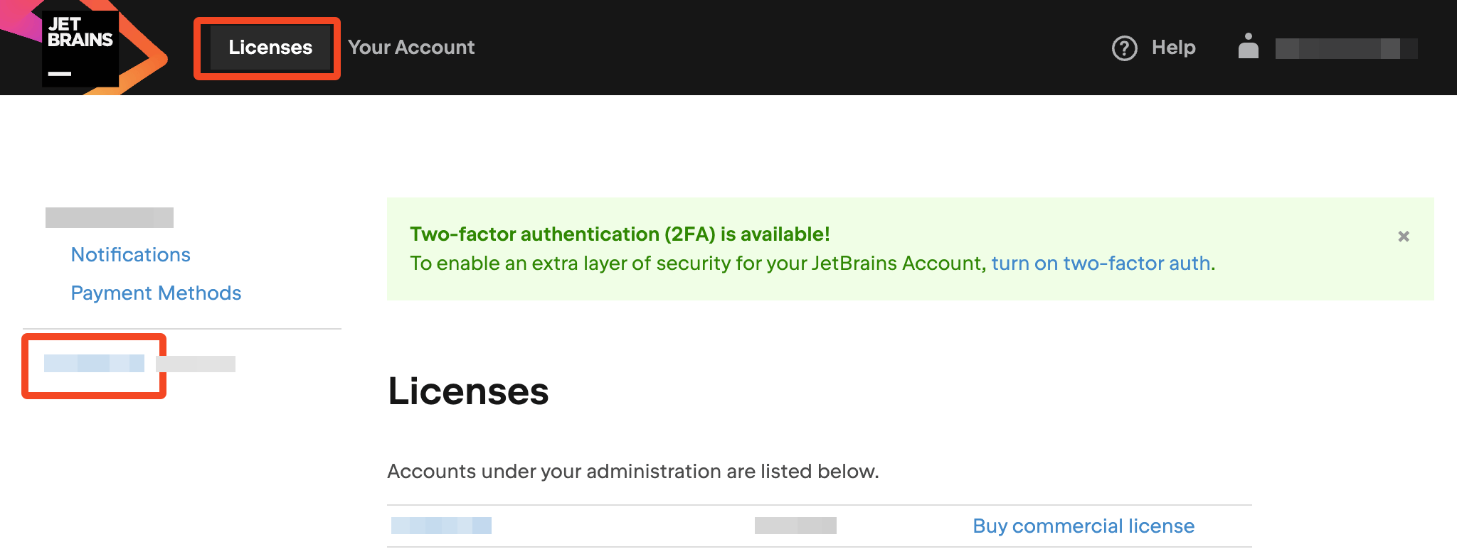 JetBrains account settings