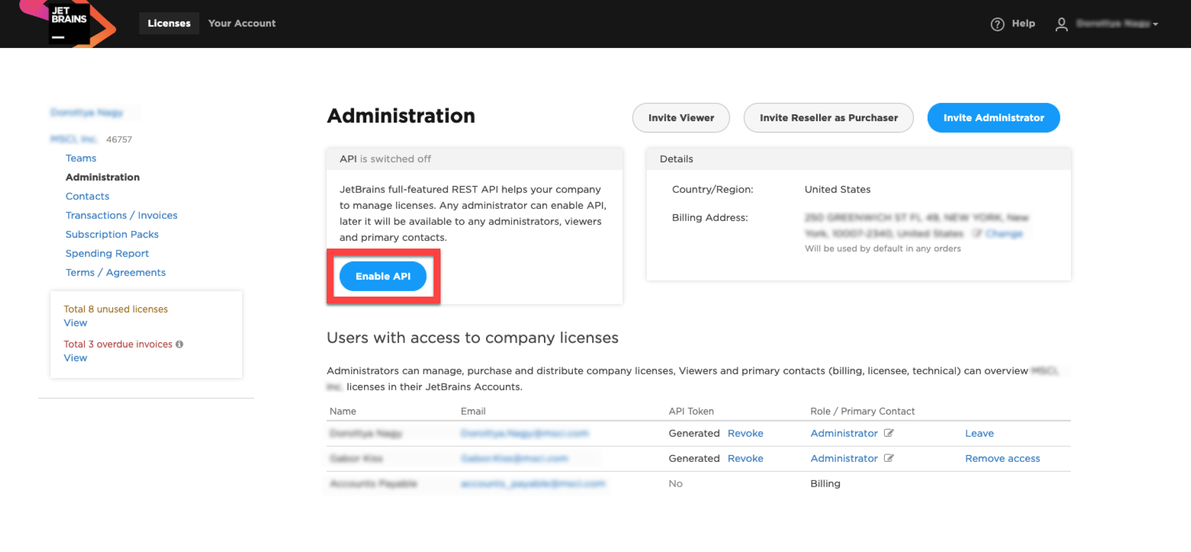 JetBrains account settings with API access enabled